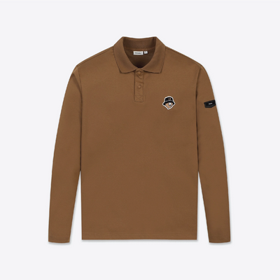 A long-sleeve brown polo shirt with a three-button placket and a small embroidered logo patch on the left chest, displayed on a clean white background.