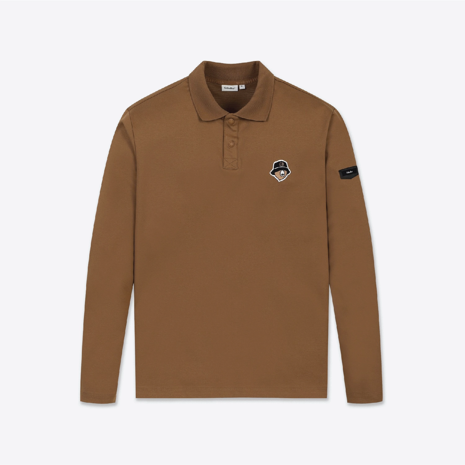 A long-sleeve brown polo shirt with a three-button placket and a small embroidered logo patch on the left chest, displayed on a clean white background.