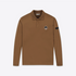 A long-sleeve brown polo shirt with a three-button placket and a small embroidered logo patch on the left chest, displayed on a clean white background.
