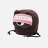 A brown plush bear-shaped headband or hat with a pink and white eye patch featuring the text &