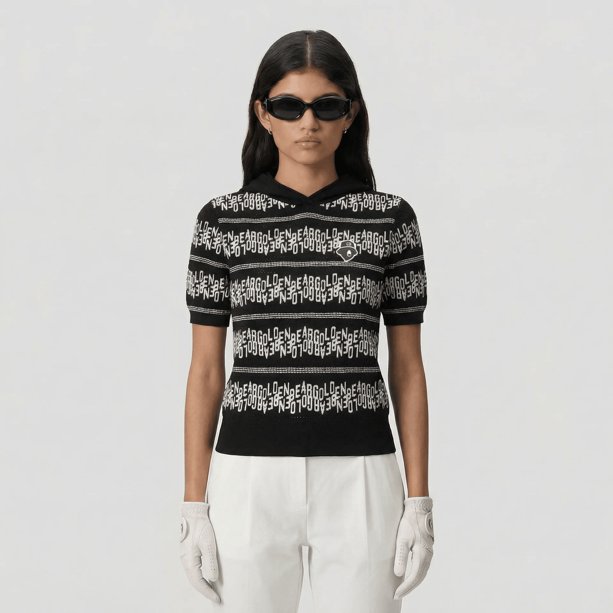 Women's Striped Letter Hoodie - Black - Erthe Golf