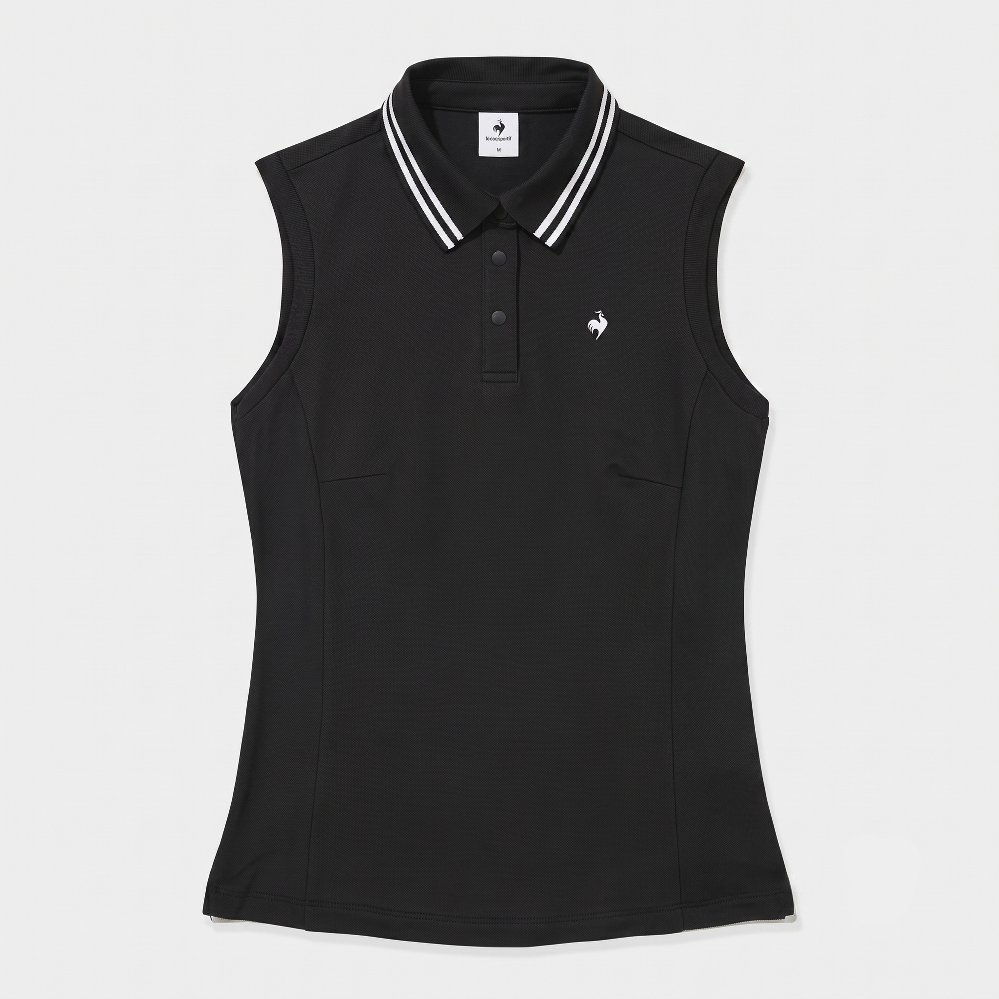 A sleeveless black polo shirt with a white and black striped collar and a small white embroidered rooster logo on the left chest, displayed against a light gray background.