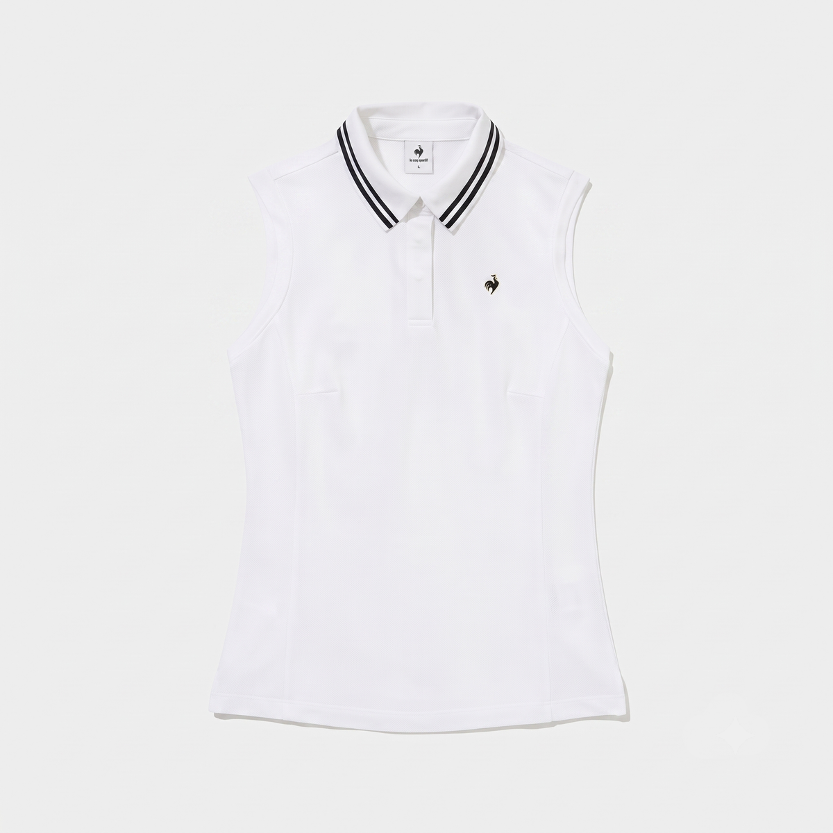 A white sleeveless polo shirt with a double-striped black and white collar and a small black rooster logo on the left chest, displayed on a light gray background.