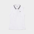 A white sleeveless polo shirt with a double-striped black and white collar and a small black rooster logo on the left chest, displayed on a light gray background.