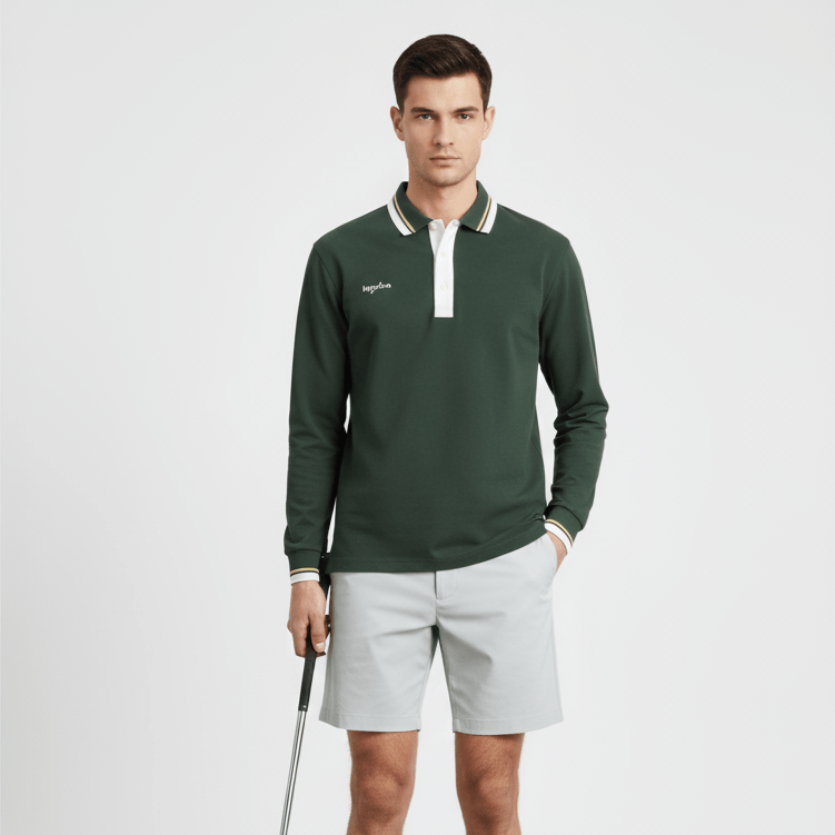Man in green polo shirt and light gray shorts holding a golf club.