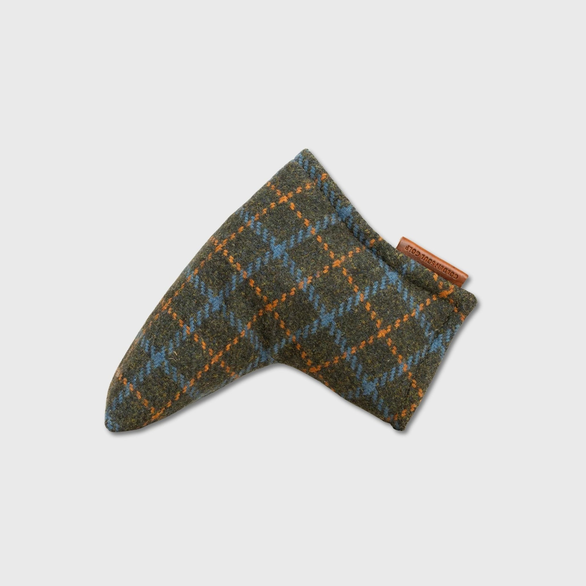 A single golf club cover made of textured tweed fabric in a green, blue, and orange plaid pattern, shown on a light gray background.