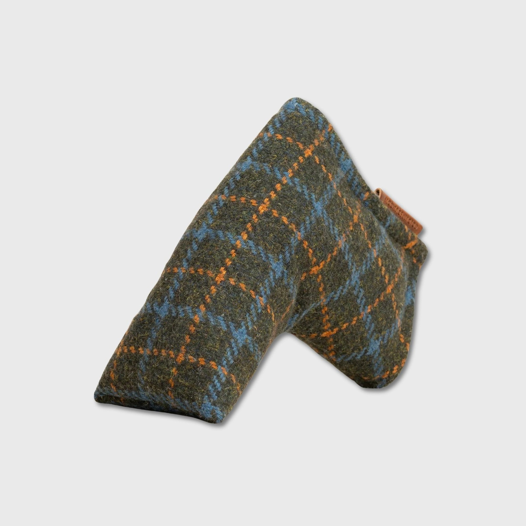 A single wedge-shaped golf wedge club cover made of textured tweed fabric in a green, blue, and orange plaid pattern, shown on a light gray background.