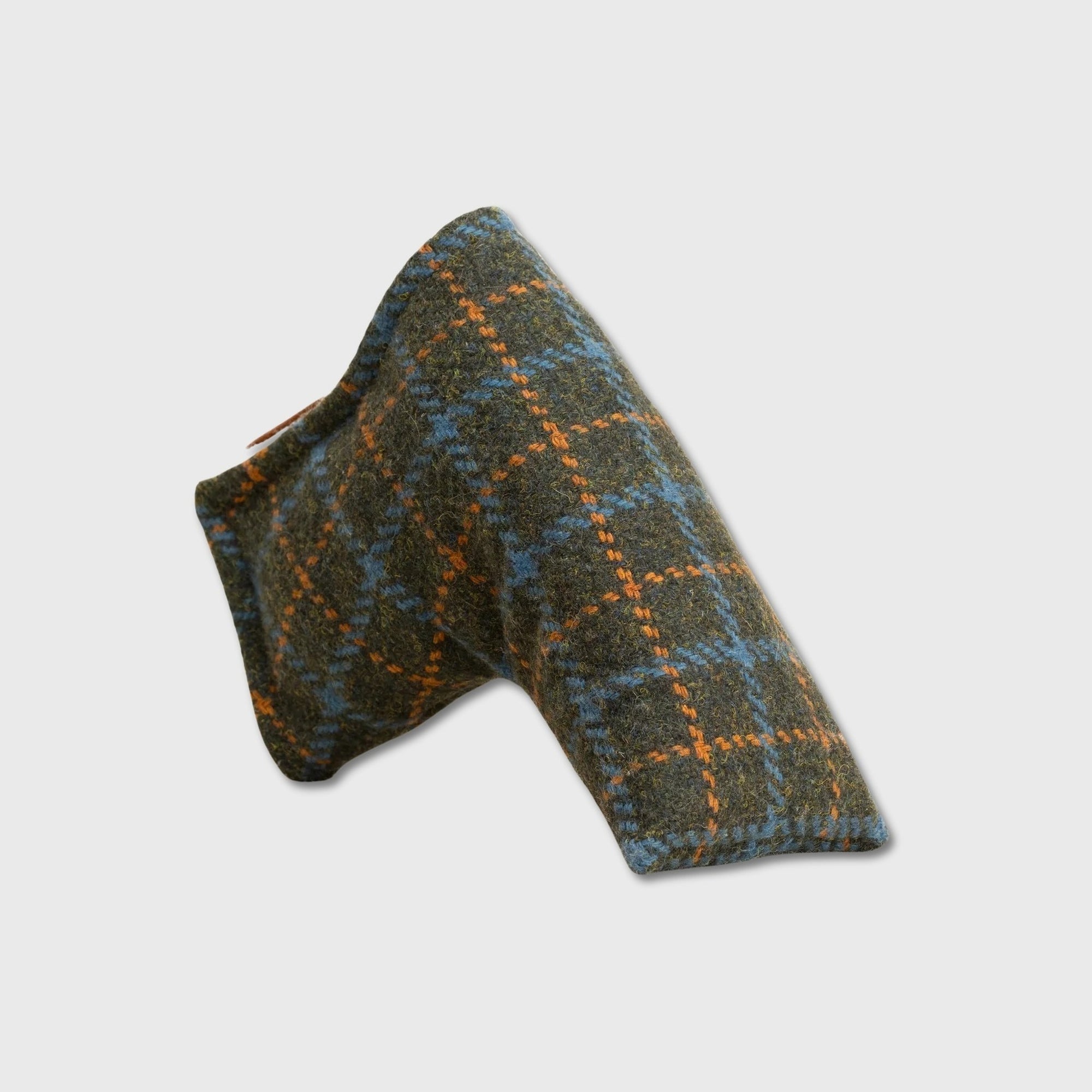A putter cover in a classic tweed pattern of dark green, slate blue, and orange, shown on a light gray background.