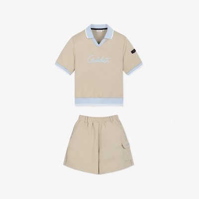 Women's Open Collar Short Sleeve Sweat Shirt Set - Beige - Erthe Golf