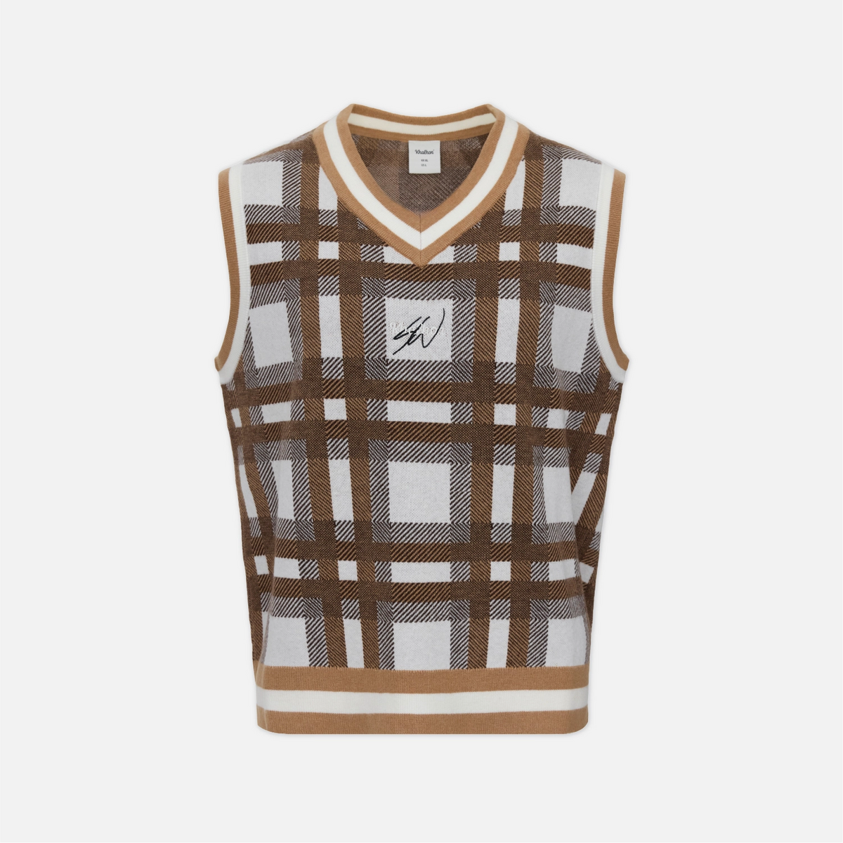 A sleeveless knit sweater vest with a brown, white, and beige plaid pattern, featuring a V-neck, ribbed trim, and a small embroidered logo patch on the chest.