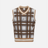 A sleeveless knit sweater vest with a brown, white, and beige plaid pattern, featuring a V-neck, ribbed trim, and a small embroidered logo patch on the chest.