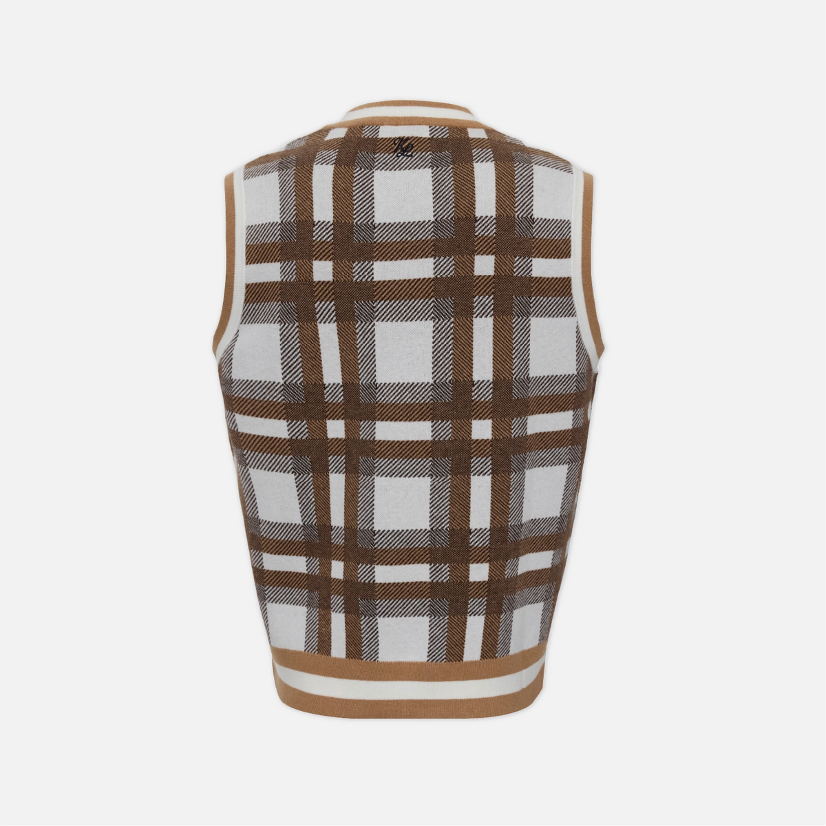 A sleeveless knit sweater vest shown from the back, featuring a brown and white plaid pattern with solid brown ribbed trim at the collar, armholes, and hem.