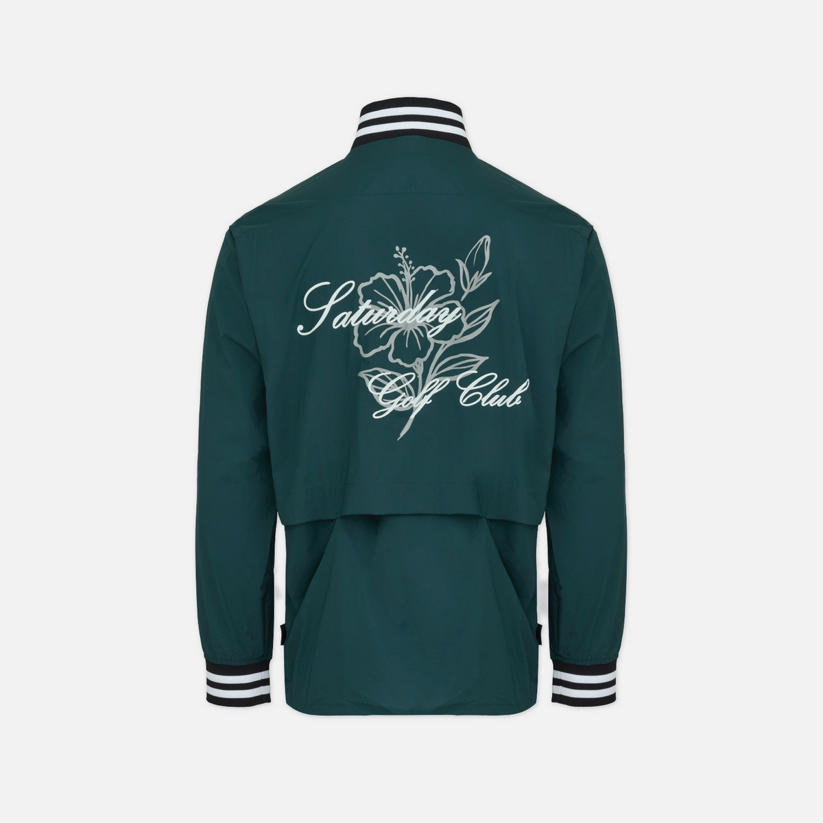 A dark green varsity-style jacket shown from the back, featuring a white floral graphic and the words 'Saturday Golf Club' across the upper back, with black and white striped ribbed collar, cuffs, and hem.