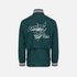 A dark green varsity-style jacket shown from the back, featuring a white floral graphic and the words &