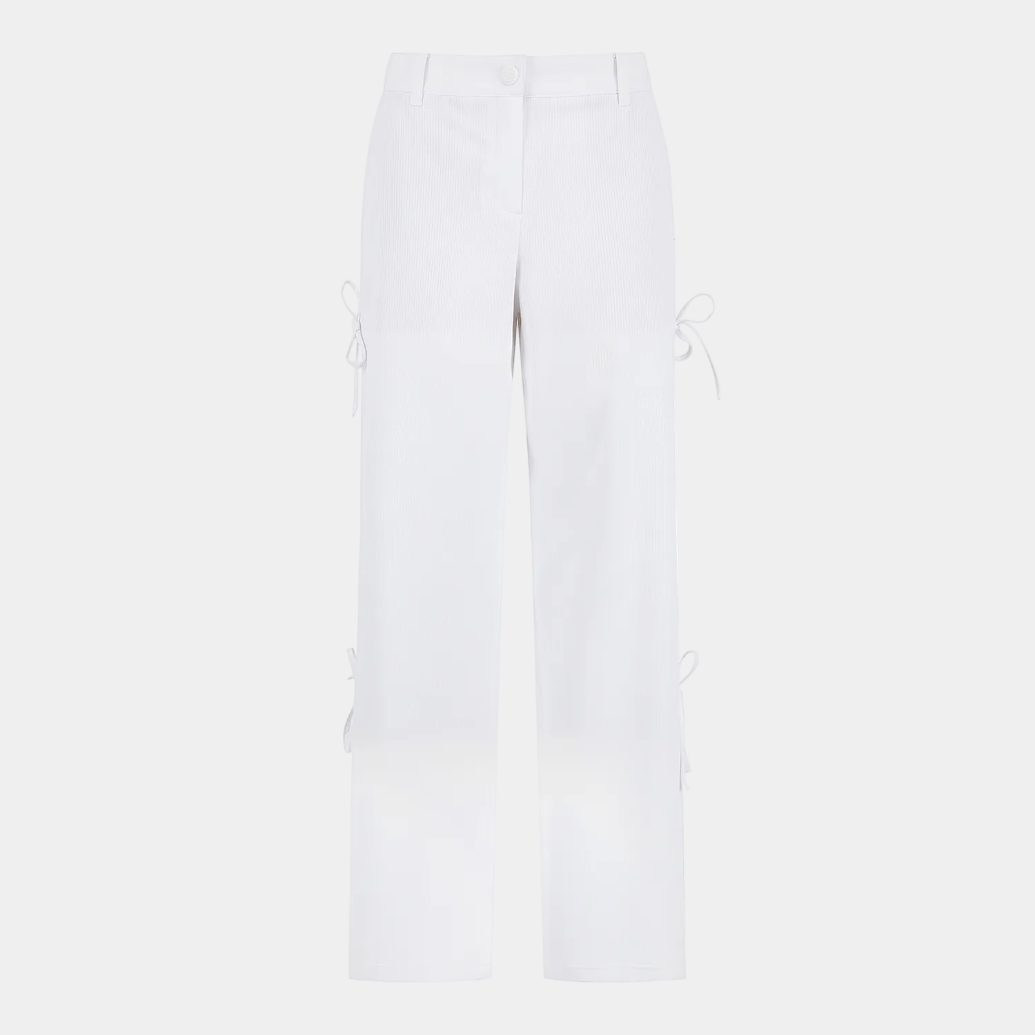 White wide-leg cropped pants with side lace-up details, shown flat against a solid white background.