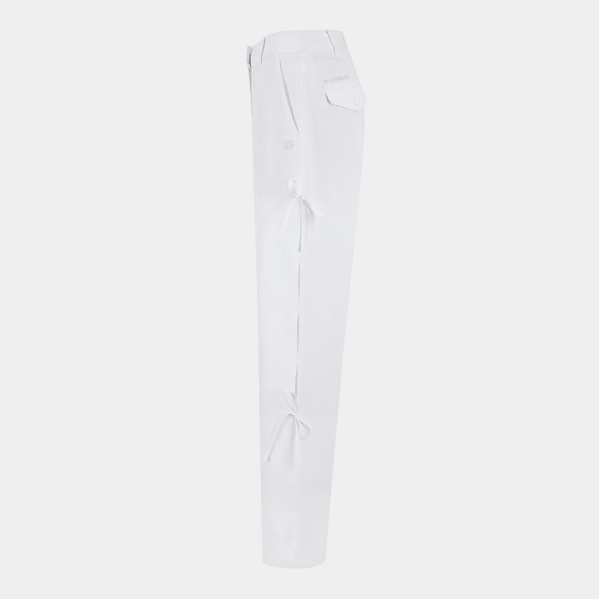 White cargo-style pants shown in a side profile view against a plain white background.