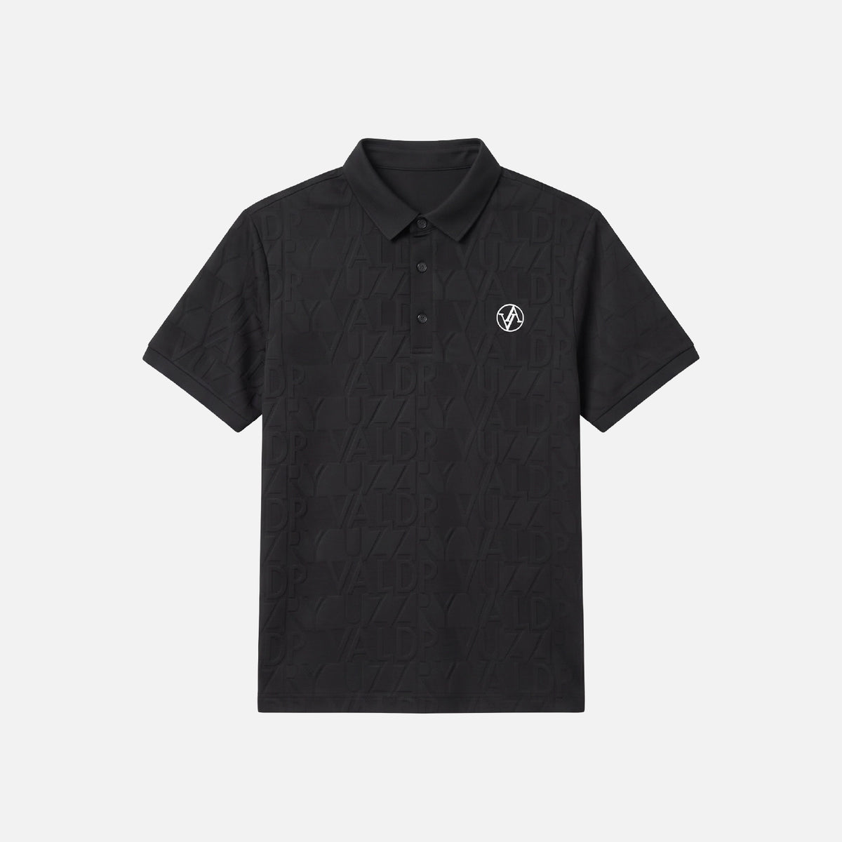 A black short-sleeve polo shirt with a subtle geometric quilted texture and a small white circular logo on the left chest, displayed against a light gray background.