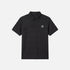 A black short-sleeve polo shirt with a subtle geometric quilted texture and a small white circular logo on the left chest, displayed against a light gray background.