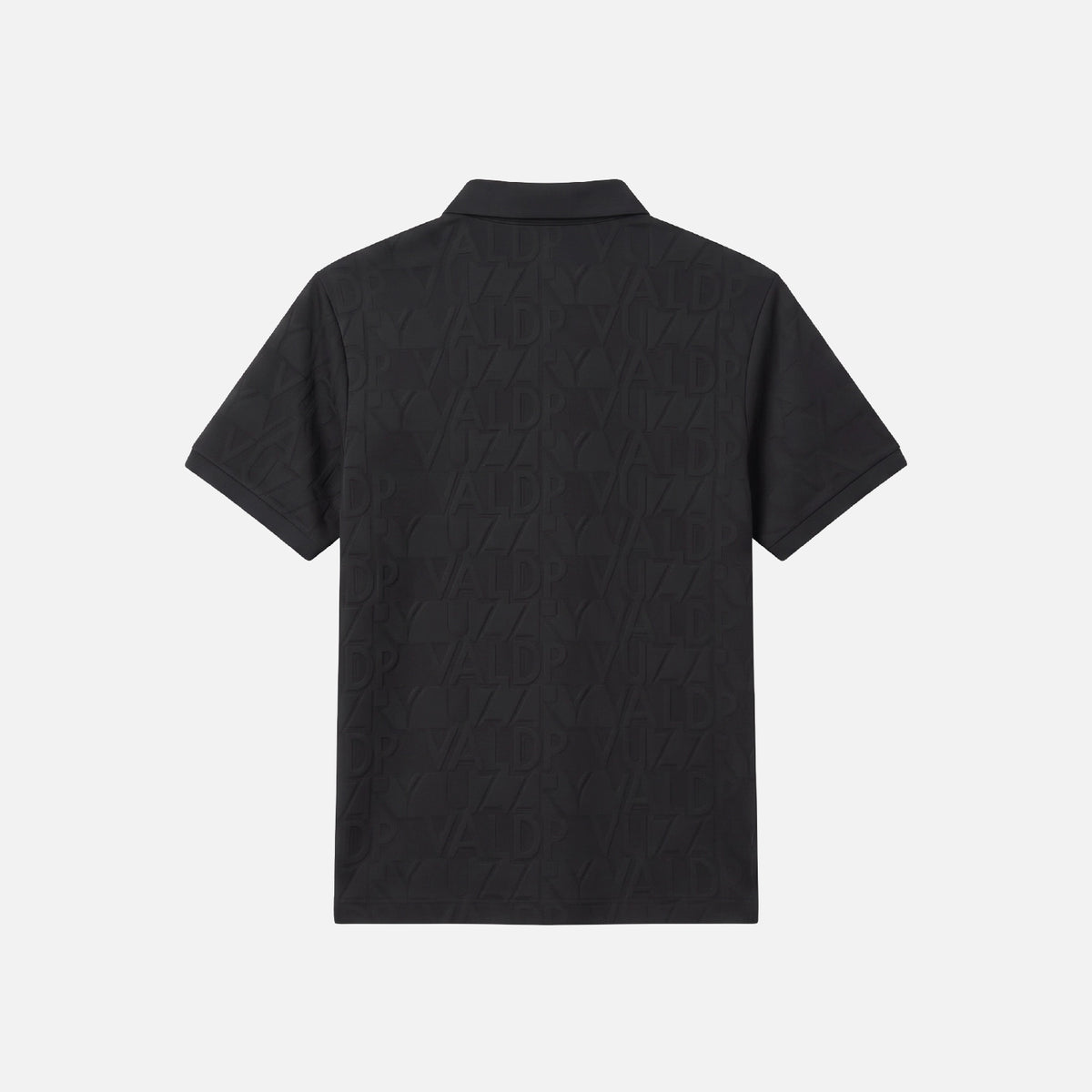 A black short-sleeve polo shirt with an all-over tonal embossed pattern, shown from the back against a light gray background.