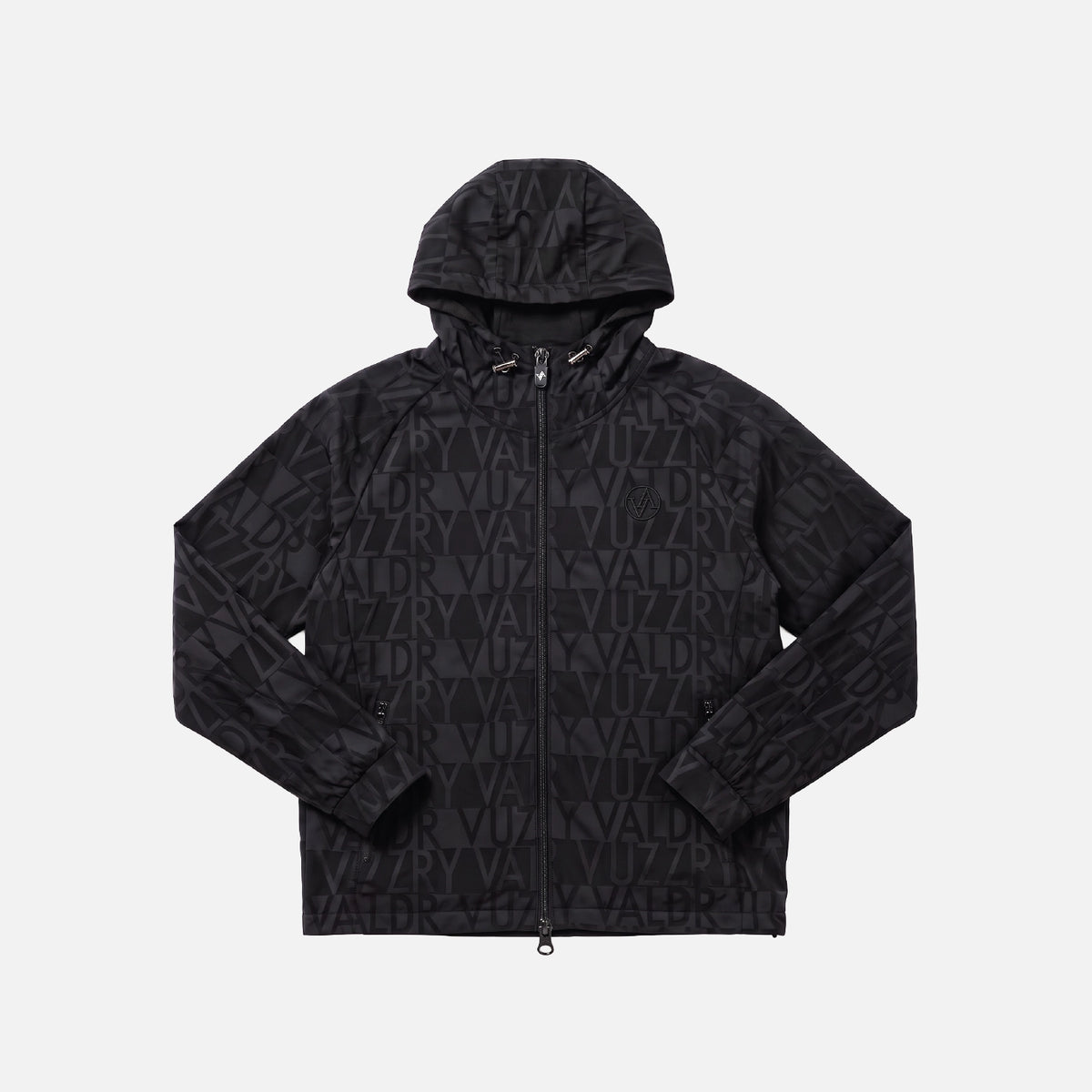 A black hooded jacket with an all-over tonal VALD monogram pattern, featuring a full front zipper and adjustable cuffs, shown against a light gray background.