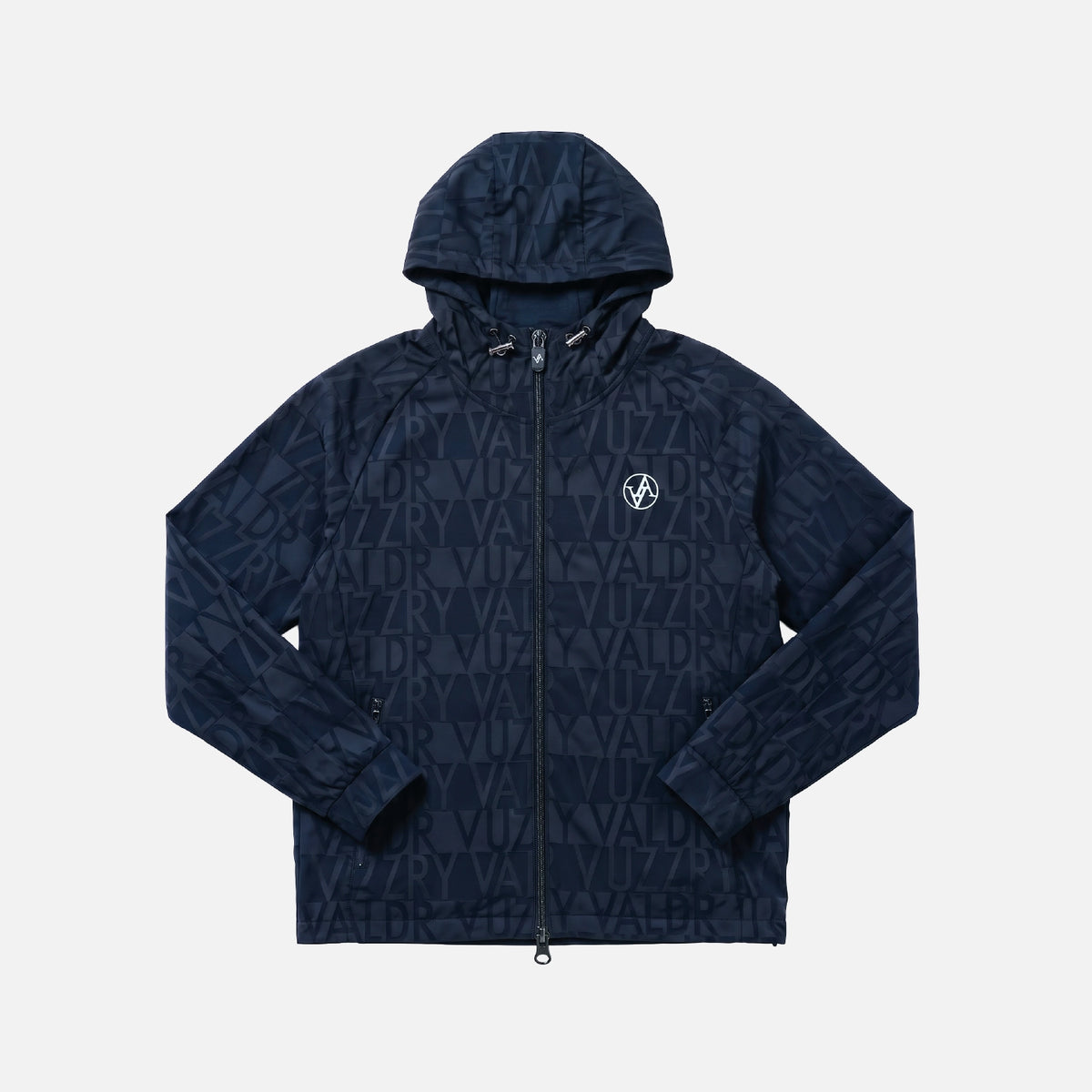 A dark navy blue hooded jacket with an all-over tonal VDL logo pattern and a white circular logo on the left chest, displayed flat against a light gray background.
