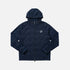 A dark navy blue hooded jacket with an all-over tonal VDL logo pattern and a white circular logo on the left chest, displayed flat against a light gray background.
