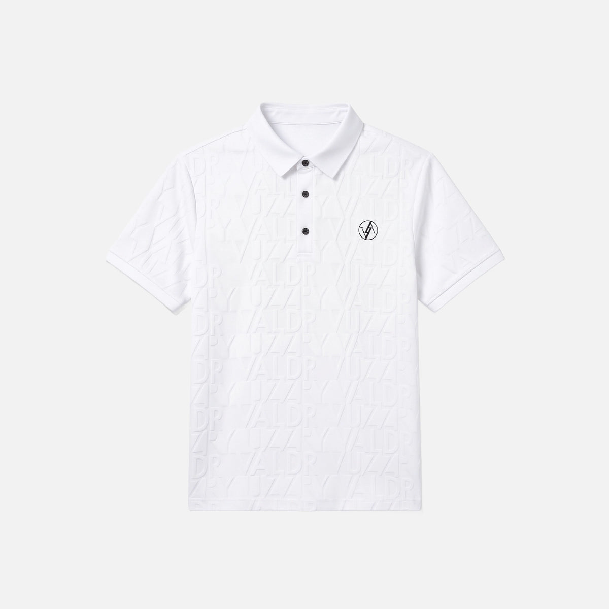A white short-sleeve polo shirt with a subtle geometric embossed pattern, featuring a two-button placket and a small black circular logo on the left chest, displayed against a light gray background.
