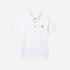 A white short-sleeve polo shirt with a subtle geometric embossed pattern, featuring a two-button placket and a small black circular logo on the left chest, displayed against a light gray background.
