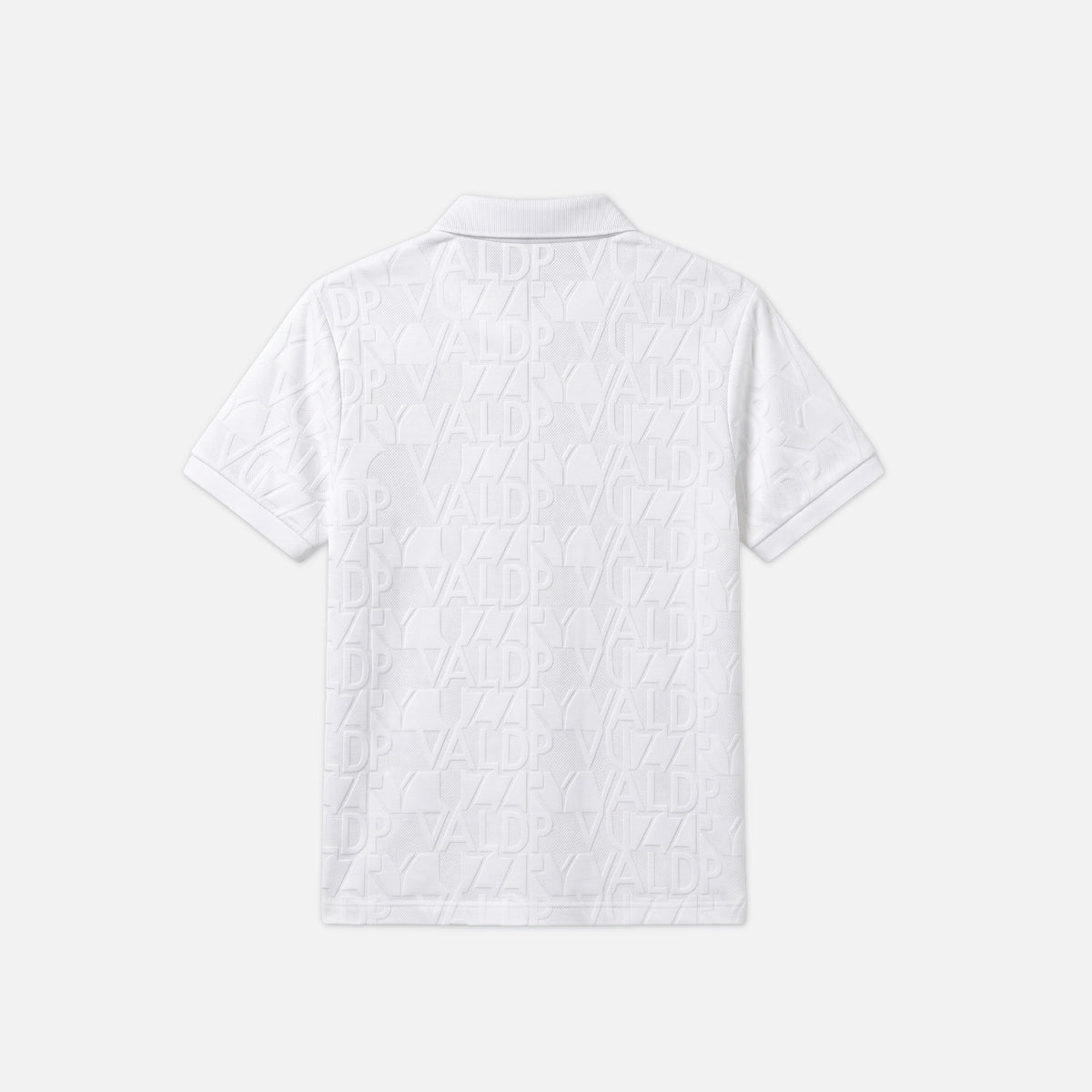 A white short-sleeve polo shirt shown from the back, featuring an all-over embossed monogram pattern.