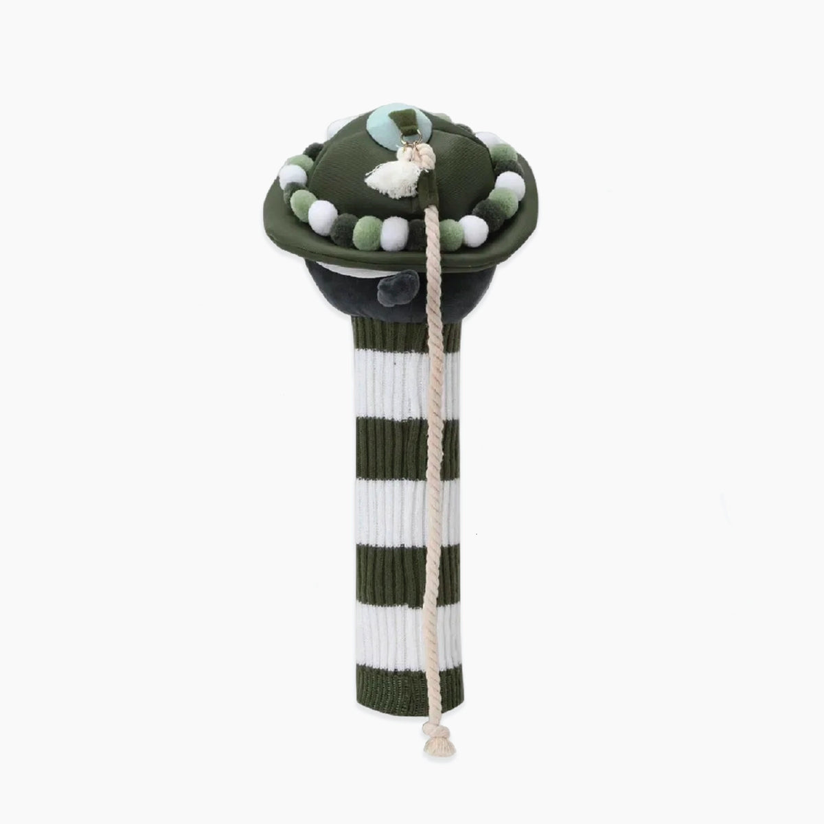 Back view of khaki WAACKY golf wood headcover with decorative cord