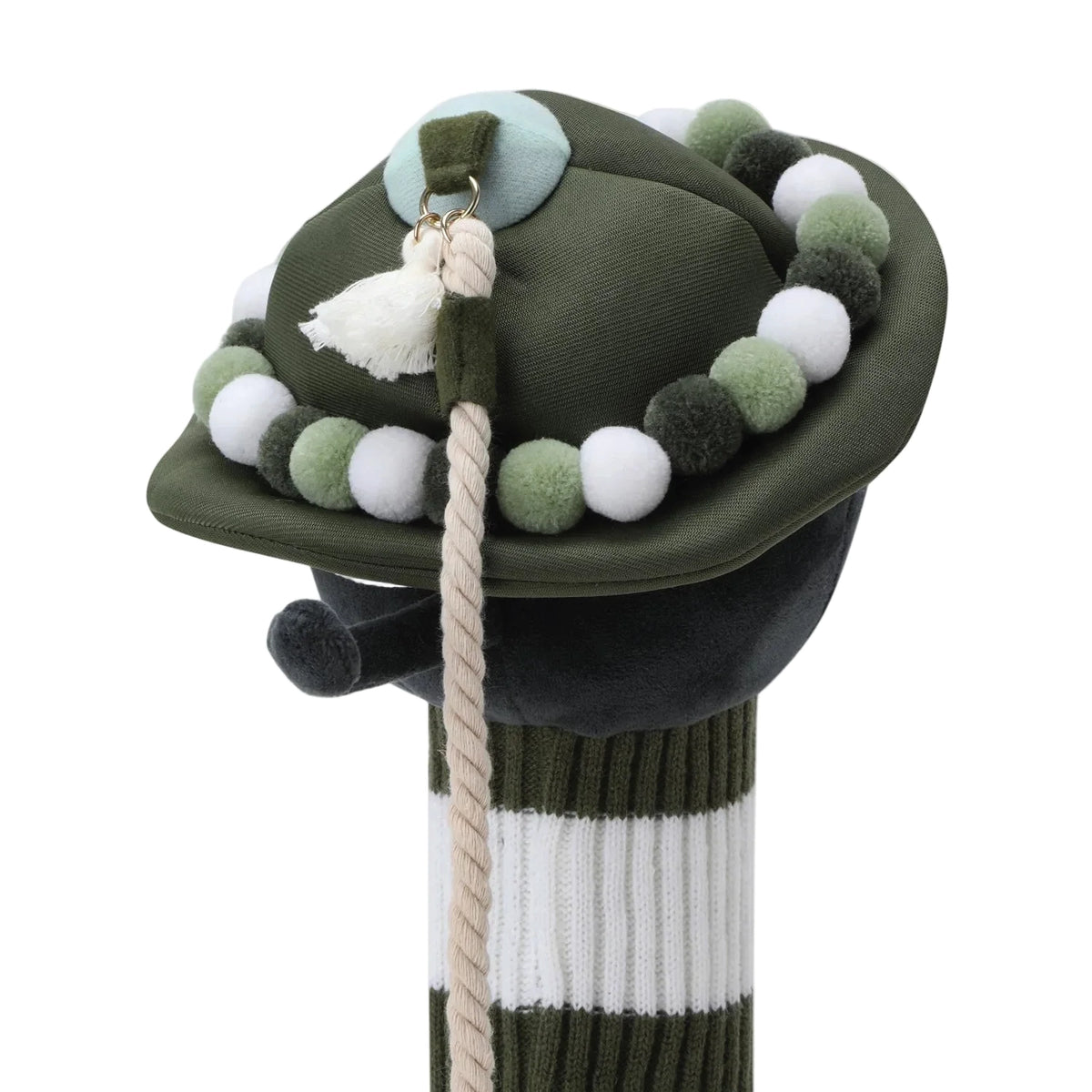 Close-up of khaki WAACKY golf wood headcover with pom-pom trim and decorative cord