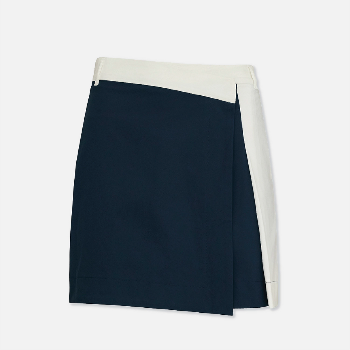 A color-blocked wrap skirt in navy blue and off-white, shown flat against a light gray background.