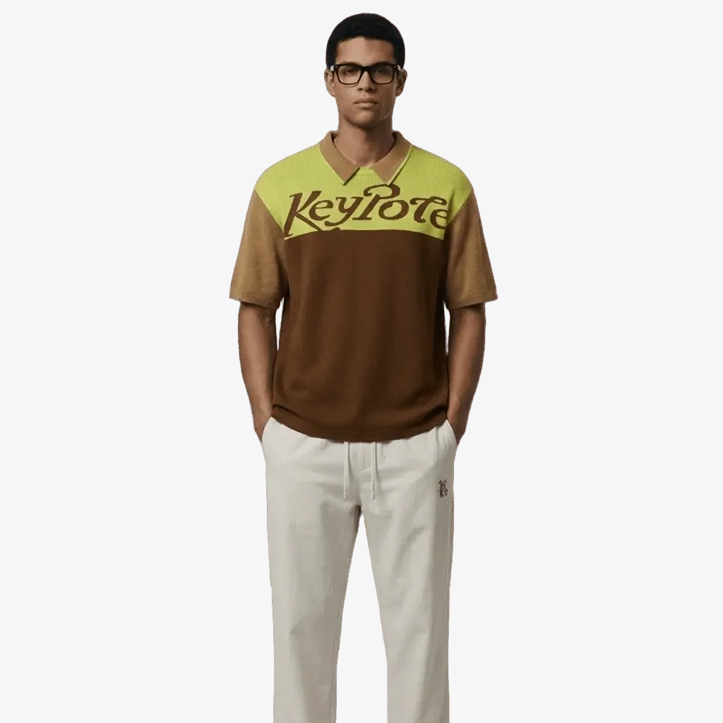 Keypote Mens Retro Color Block Golf Polo Brown and Lime Green with Keypote Logo and Cream Trousers