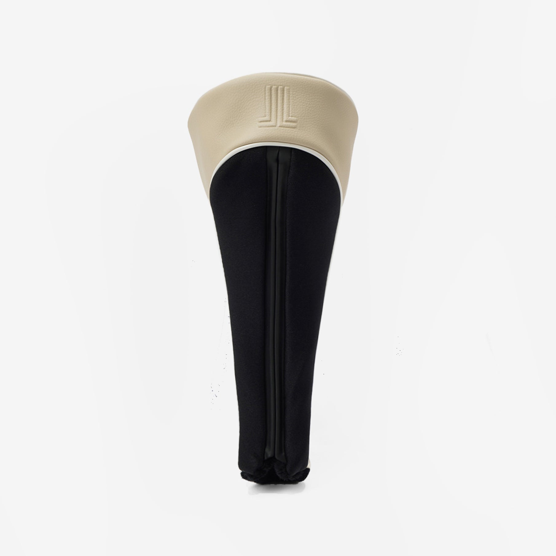 Black and beige golf club head cover on a white background