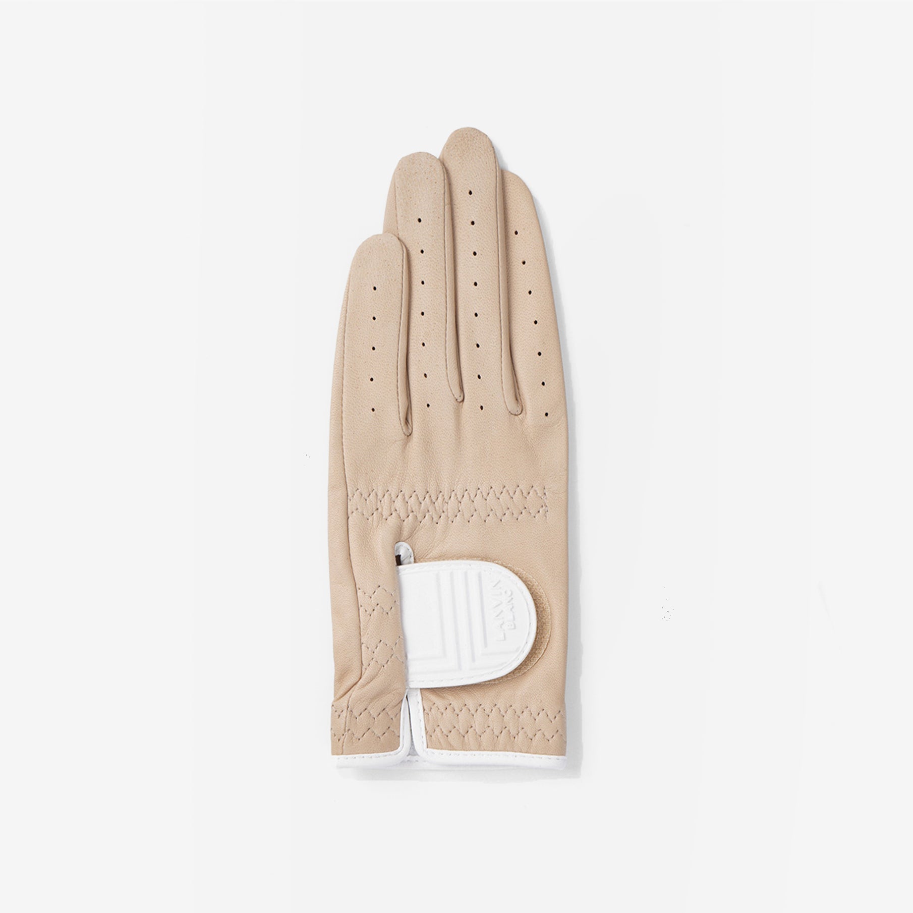 Beige golf glove with a white golf ball on a light gray background