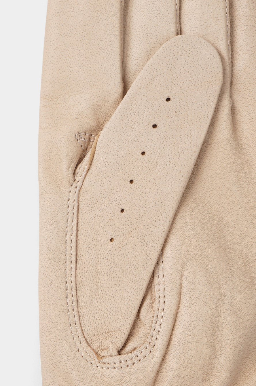 Close-up of a beige leather glove with stitching details on a white background