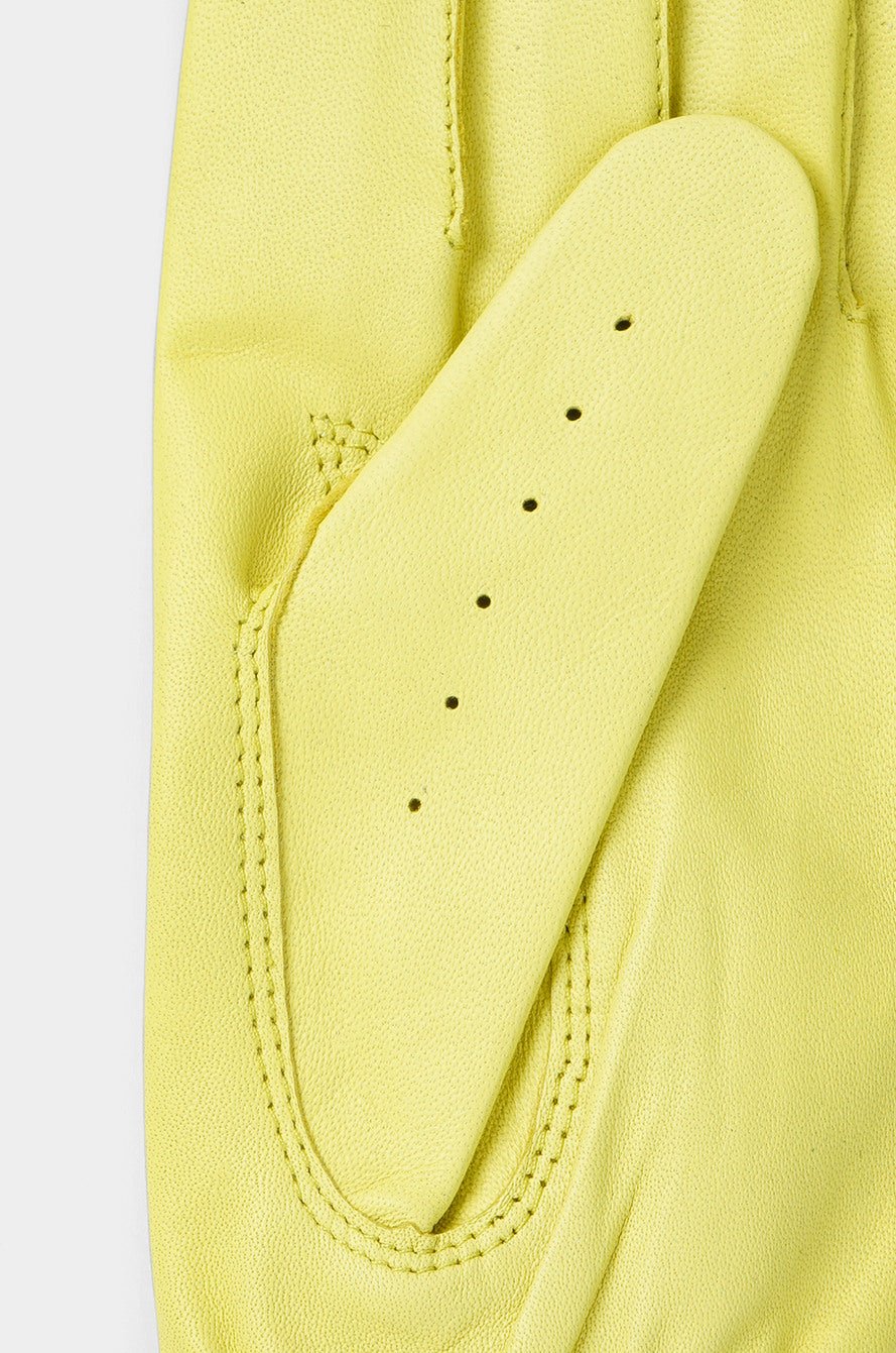 Close-up of a yellow glove with a focus on the palm area.