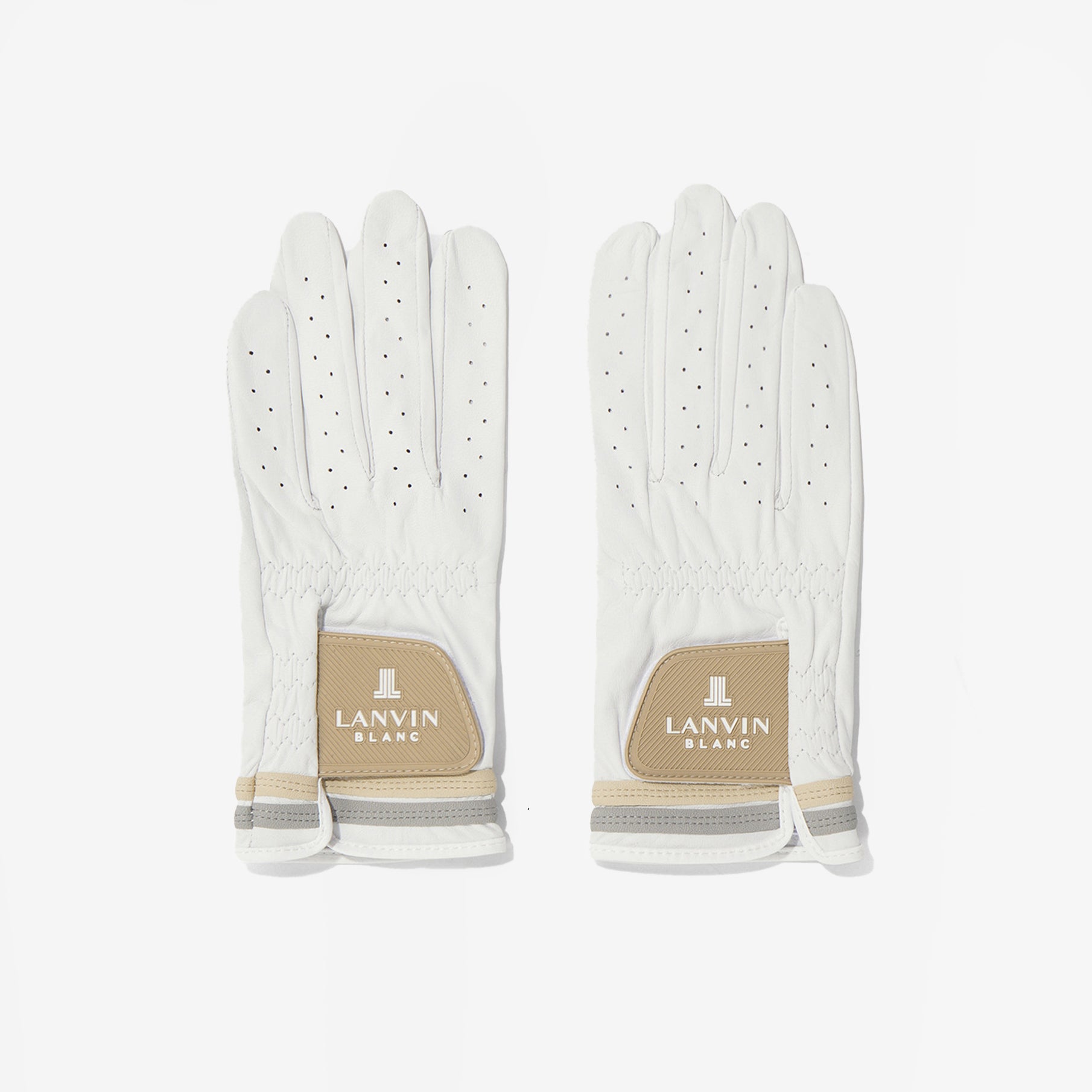Pair of white gloves with beige accents and 'Lanvin Blanc' branding on a white background