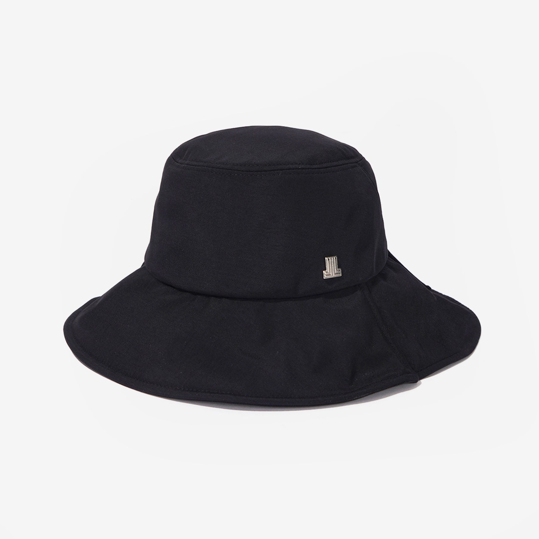 Black bucket hat with a small logo on a light gray background