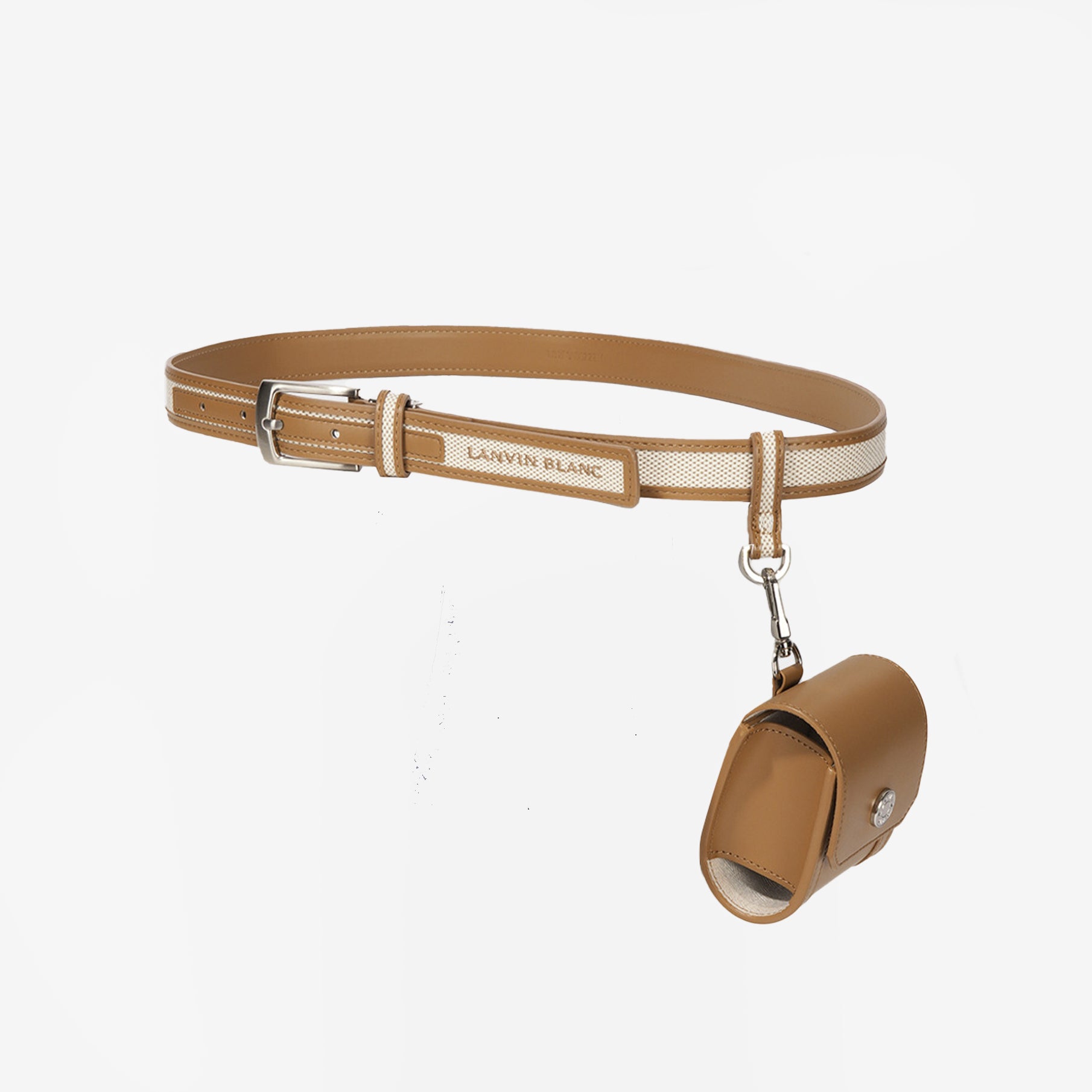 Tan leather belt with a matching pouch on a white background