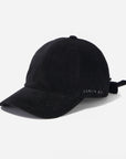 Black cap with a brand logo on a light gray background