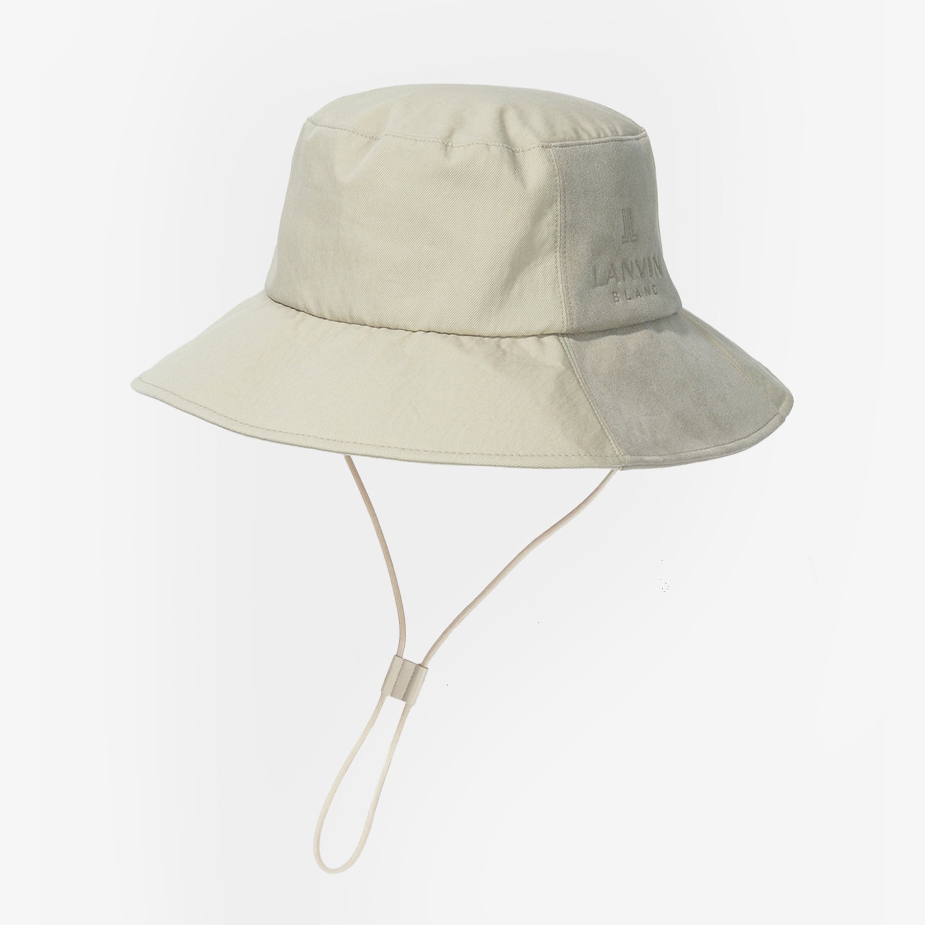 Beige bucket hat with a strap on a white background