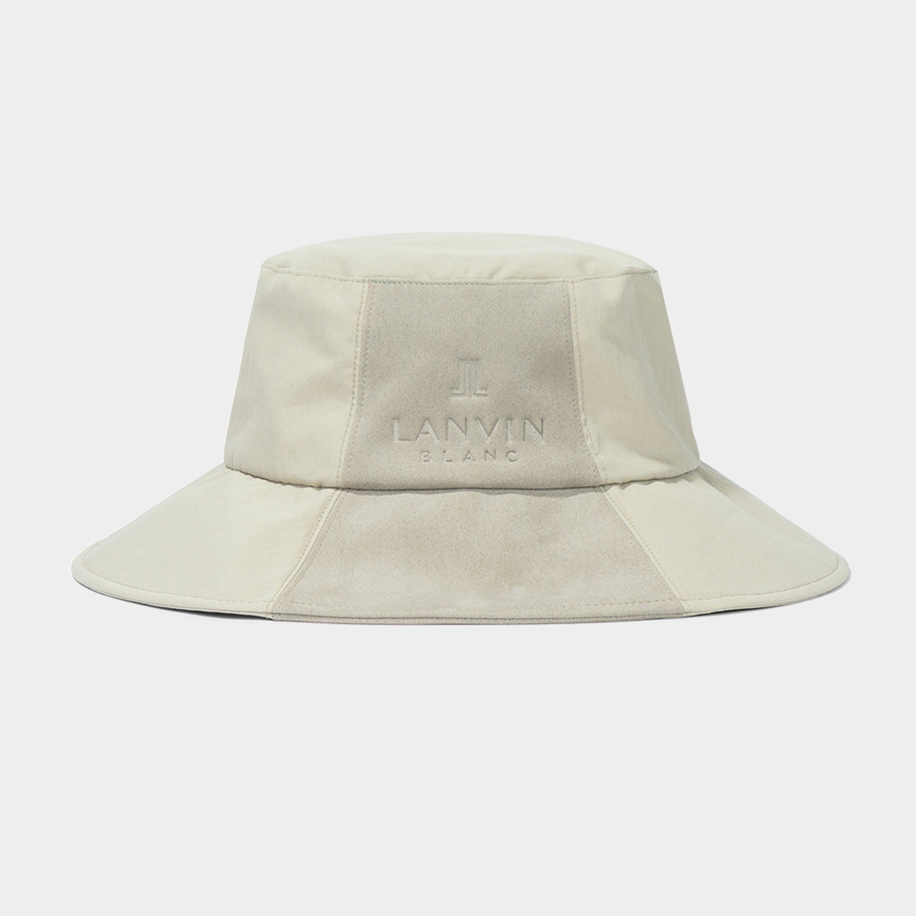 Beige bucket hat with 'LANVIN' logo on a light gray background