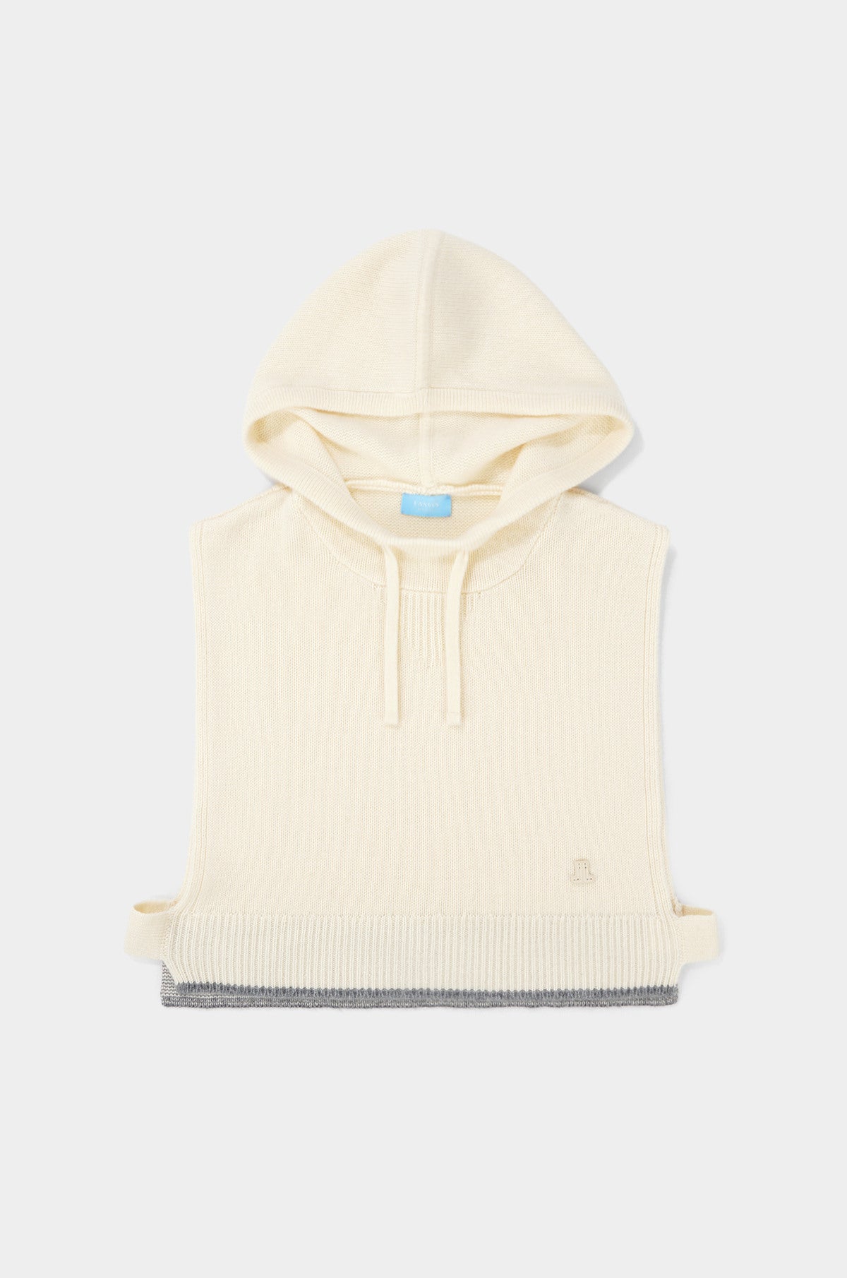 Cream-colored sleeveless hoodie with a gray trim on a white background