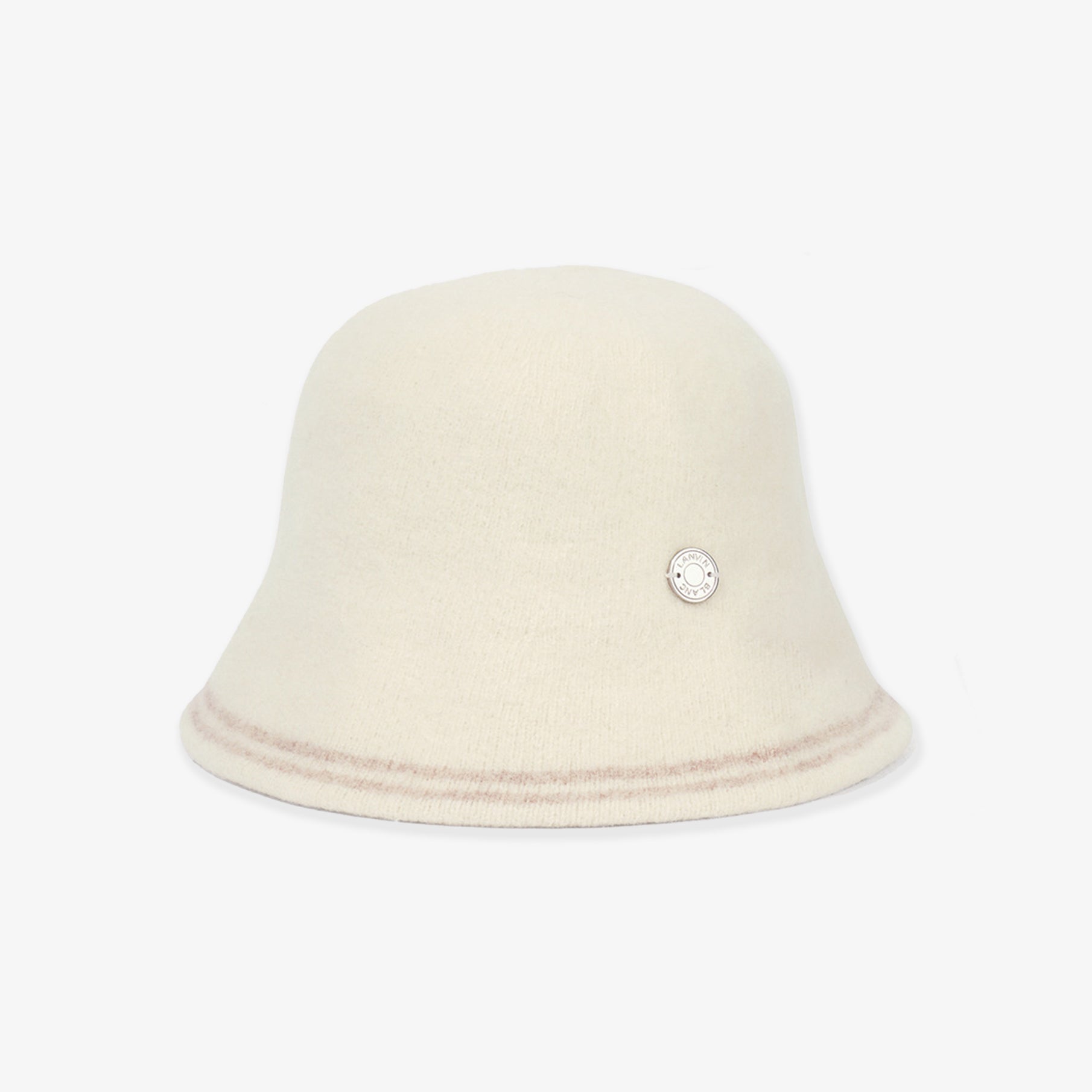 Beige bucket hat with a brand logo on a white background