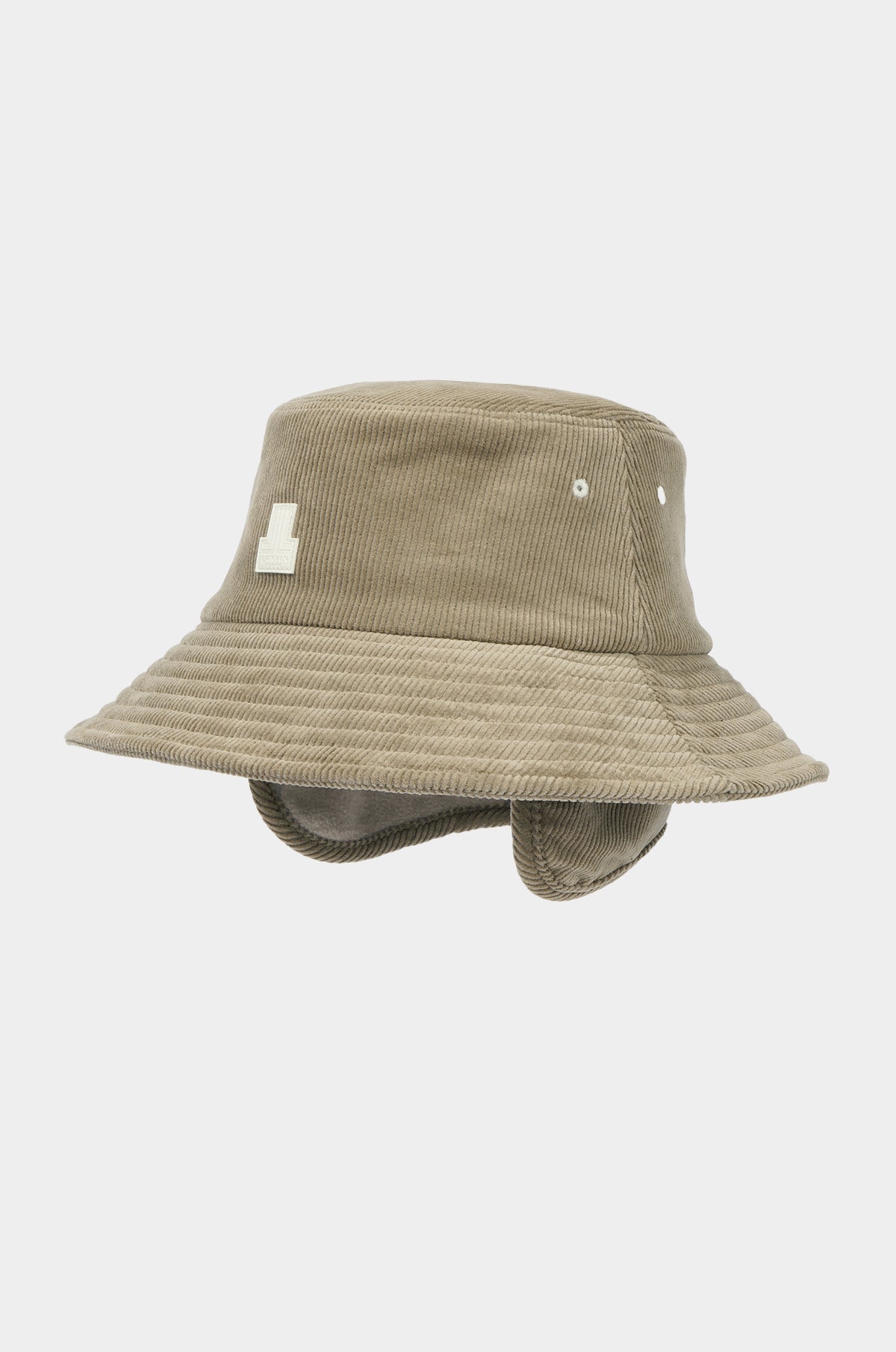 Beige bucket hat with ear flaps on a light gray background