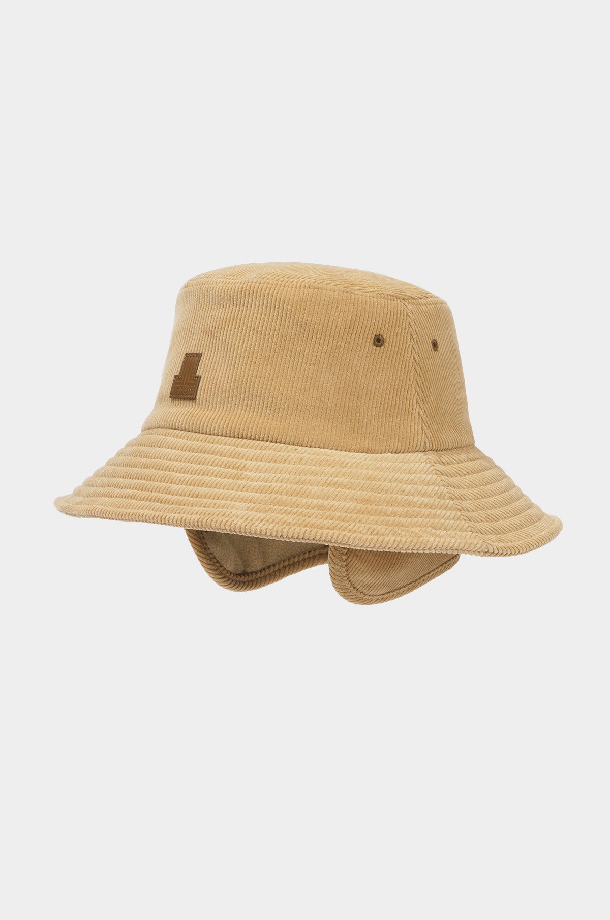 Beige bucket hat with ear flaps on a light beige background