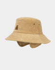 Beige bucket hat with ear flaps on a light beige background