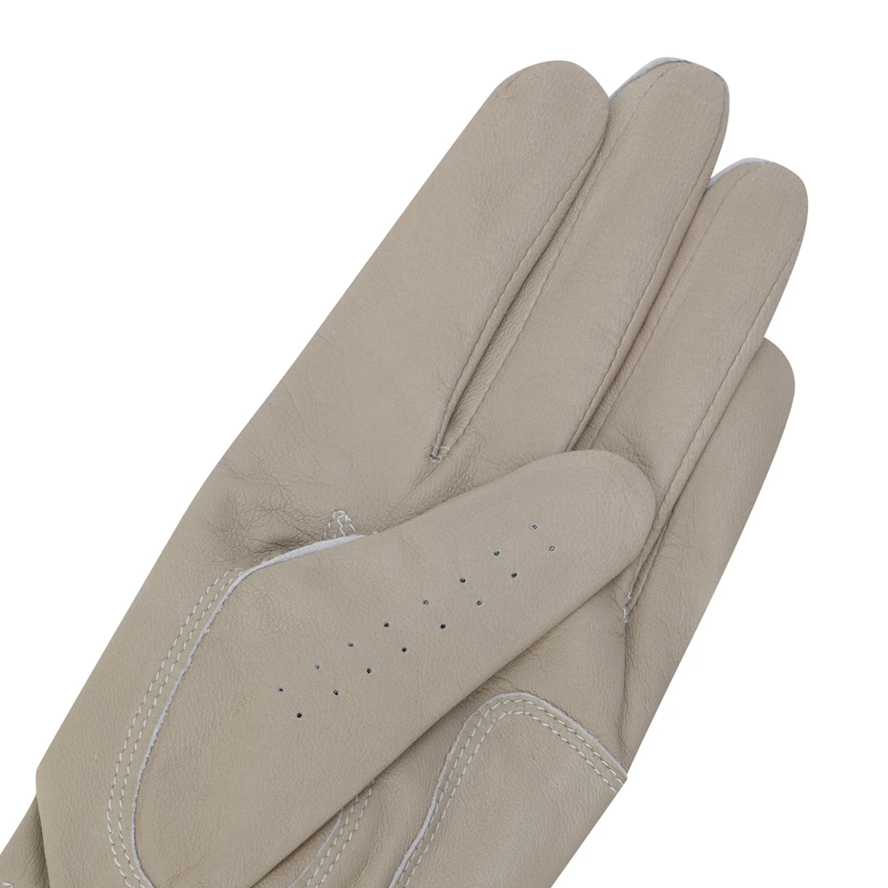 A single light beige leather glove shown against a plain white background, featuring stitched seams and a row of small perforations on the back of the hand.
