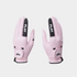 A pair of light pink golf gloves with black accents, featuring the brand name &